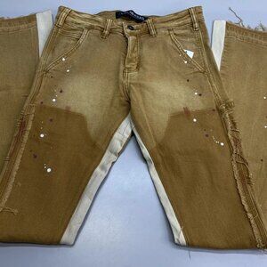 NEW VALABASAS Alpha Cahi Stacked Flare Distressed Jeans Beige/Brown Size 30